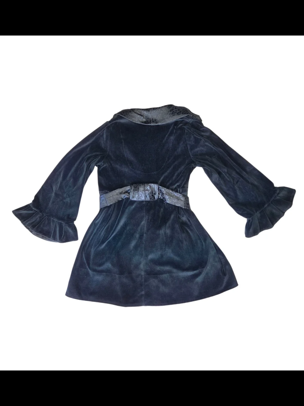 Y2K Betsey Johnson Black Short Velvet Robe w/ Leopard Print Trim + Bell Sleeves